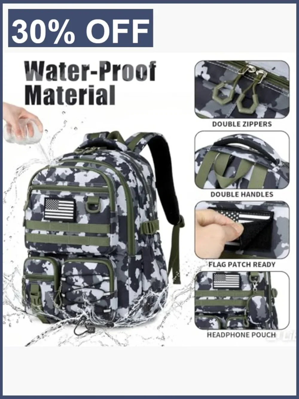 Tactical Military Camo Backpack for Teens Men, Waterproof 15.6